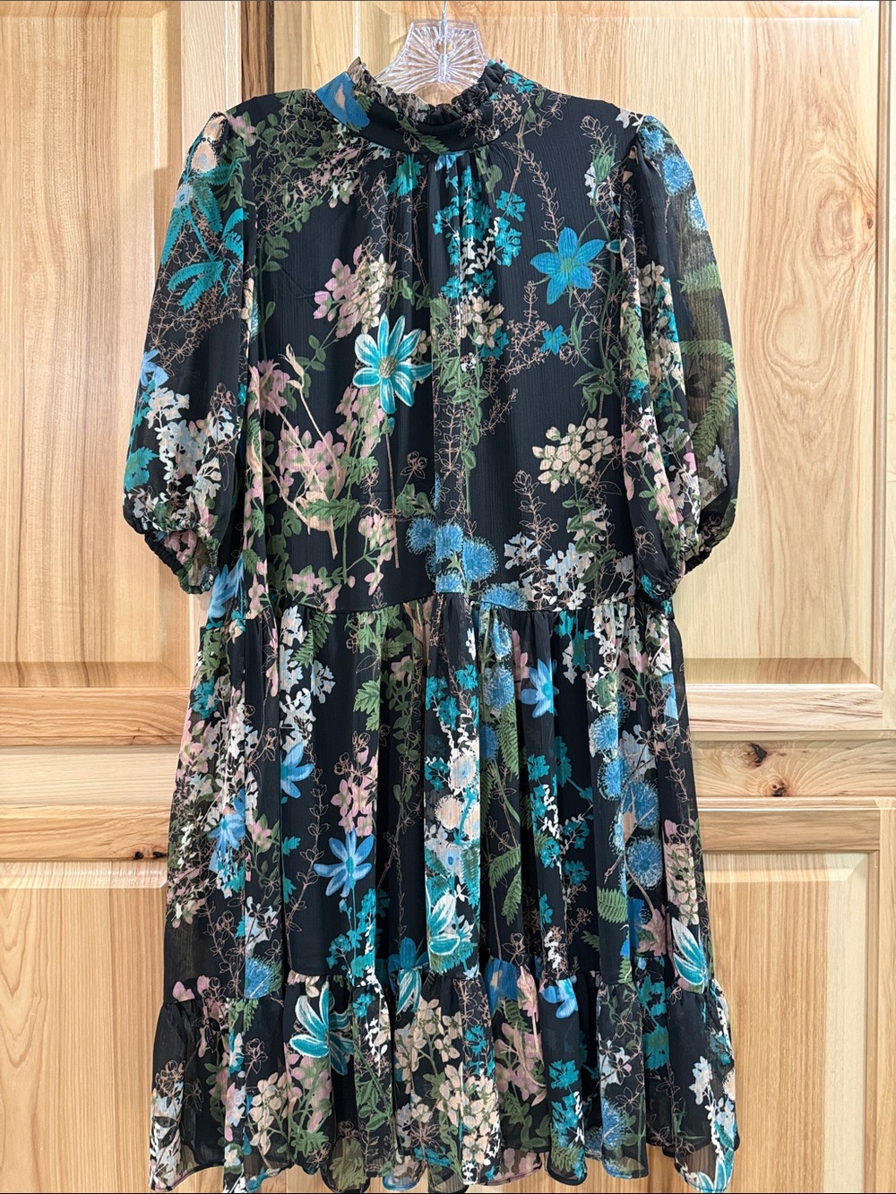 Melonie Black Blue Green Chiffon Floral Babydoll Elbow Sleeve Dress Size 8